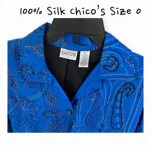 Vintage CHICO’S Embellished Blue Silk Beaded Jacket Size 0 (Sz 4) EUC - Picture 2 of 10